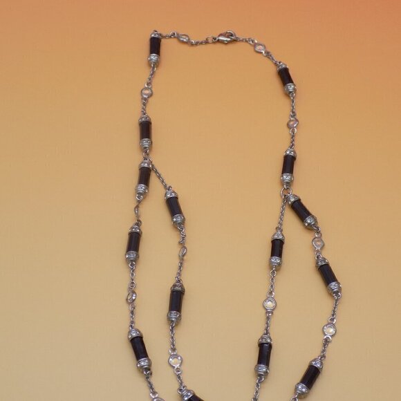 Art Deco Style Black Bead Necklace Silver-tone Clear Stone Station 2 Row Layered - Picture 8 of 10